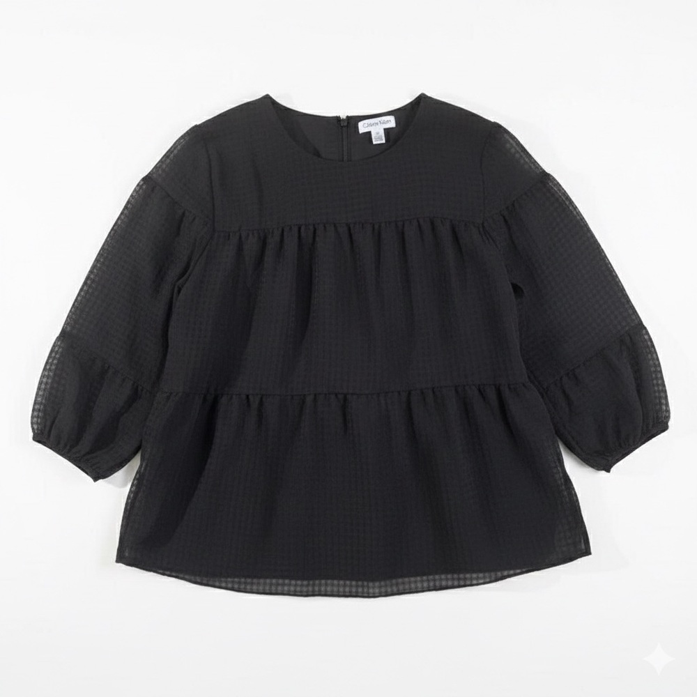 Calvin Klein Black Textured Gingham Tiered Babydoll Top - Large